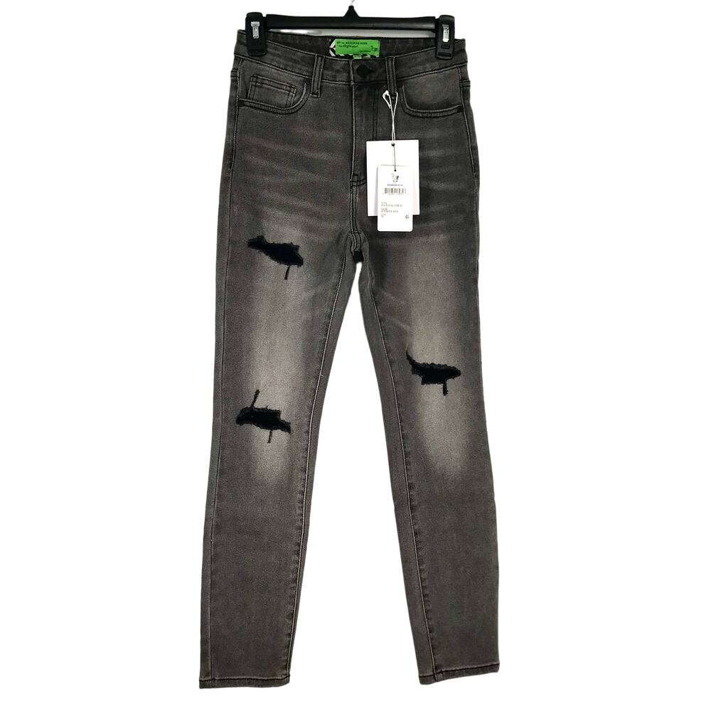 Free People Sandrine Rose Jeans 25 Charcoal Skinny Distressed Punk Grunge Rock